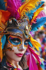 A woman wearing a colorful mask and feathers. The mask is blue, yellow, and red. The woman has a bright smile on her face