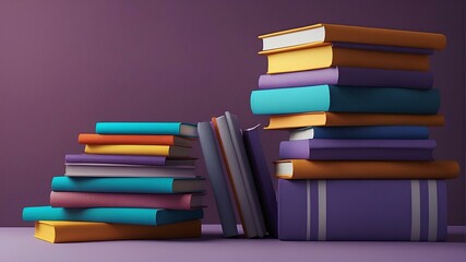 Colorful Stacks of Books on Purple Background