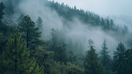 Misty forest landscape. A beautiful, moody image of fog rolling through a dense evergreen forest, creating a serene and peaceful atmosphere.