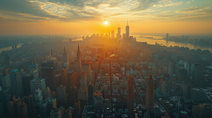 Aerial view of a city skyline bathed in soft sunrise light, with skyscrapers silhouetted against the glowing sun and hazy sky.
