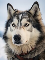 Obraz premium A dog with a brown collar and a white face. The dog has a very serious expression on its face