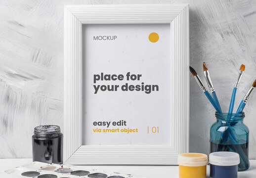 Artistic Paint Elements Brush Jars Watercolor Poster Frame Mockup Generative Ai