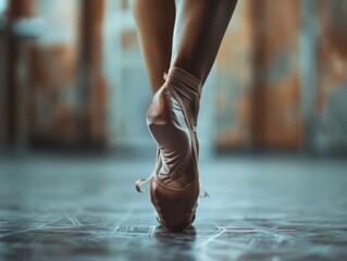 A woman is dancing in a studio with her feet in pointe shoes. Concept of grace and elegance, as the woman's feet are lifted high in the air. The background of the image is a wall - Powered by Adobe