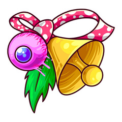 golden ringing bell with red eye and polka ribbon