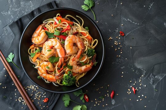 A black bowl of shrimp and noodles with broccoli and red peppers. The bowl is on a black table with chopsticks on the table
