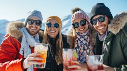 A group of people are smiling and holding glasses of drinks, with one of them wearing a red jacket - Powered by Adobe