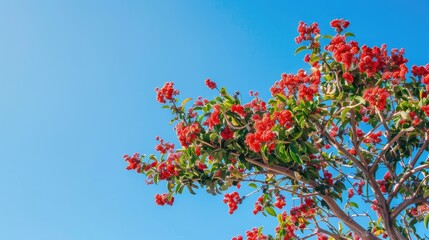 Blooming Tree with Red Berries under a Clear Blue Sky