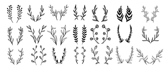 Floral wreath frames botanical scrapbook natural hand drawn scribble doodles set collection