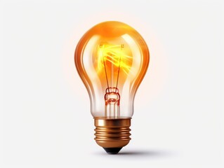 A light bulb is lit up and is the center of attention. The light bulb is surrounded by a white background