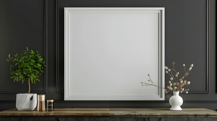 Interior of living room with white mockup frame on cabinet against blank, black wall background 