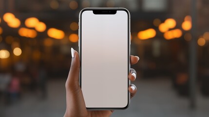 A hand holding a smartphone with a blank screen against a blurred, bokeh-effect light background.