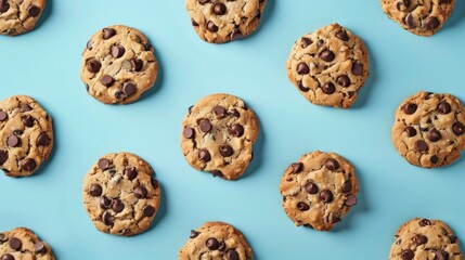 A row of chocolate chip cookies on a blue background. The cookies are all the same size and shape, and they are arranged in a neat, orderly pattern. The blue background gives the image a calm