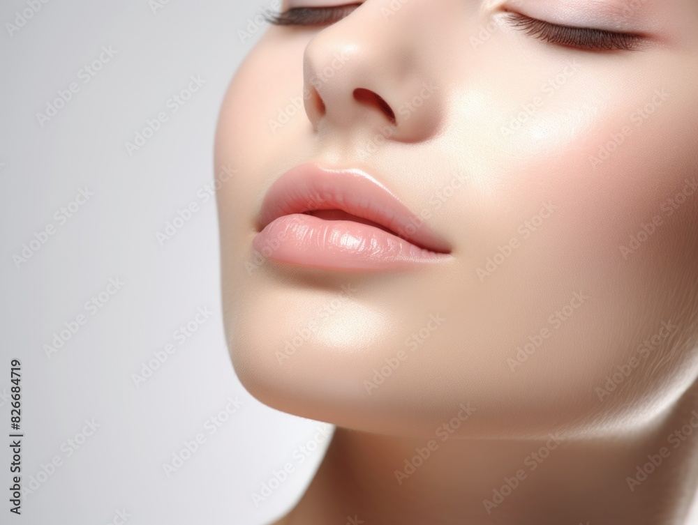 Poster a woman's face is shown with a very clean, smooth, and even complexion. concept of beauty and perfec