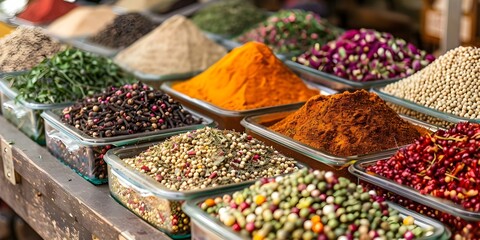 Fototapeta premium Local vendor showcasing colorful spices in vibrant market setting perfect for projects. Concept Spice Market, Local Vendor, Vibrant Colors, Culinary Photography, Marketplace Display