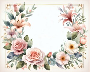 Elegant watercolor roses and lilies in pastel hues with delicate leaves and buds on light background