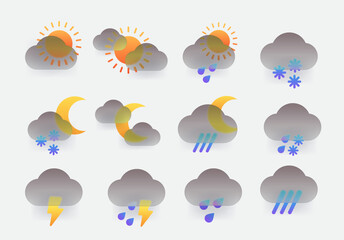 Obraz premium Glass morphism dark weather icons set. Vector forecast app symbols
