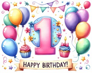 Colorful first birthday with balloons, cupcakes, and a large number one. Festive party decorations.