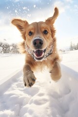 A dog is running through the snow with its tongue out. The dog is happy and enjoying the cold weather