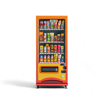 Colorful Vending Machine Filled with Snacks and Drinks, Isolated on Transparent Background, PNG.
