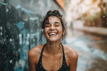 Obraz premium Attractive Caucasian female fitness coach Smiling and Posing Confidently to the Camera, young healthy sports woman doing exercise at gym, Happy young girl Laughing, lady athlete professional trainer