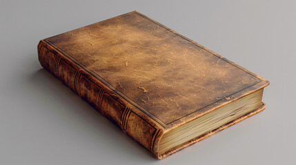 Obraz premium Antique leather bound book on gray background. Vintage leather bound book with aged pages and ornate spine, perfect for historical or literary themes.
