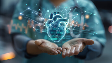 A person holds out their hands, presenting a holographic projection of a human heart, symbolizing innovative technology in healthcare and medical research.
