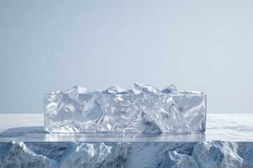 A block of ice with a few pieces missing. The ice is surrounded by mountains and a rocky shoreline. Concept of isolation and coldness, as well as the beauty of nature