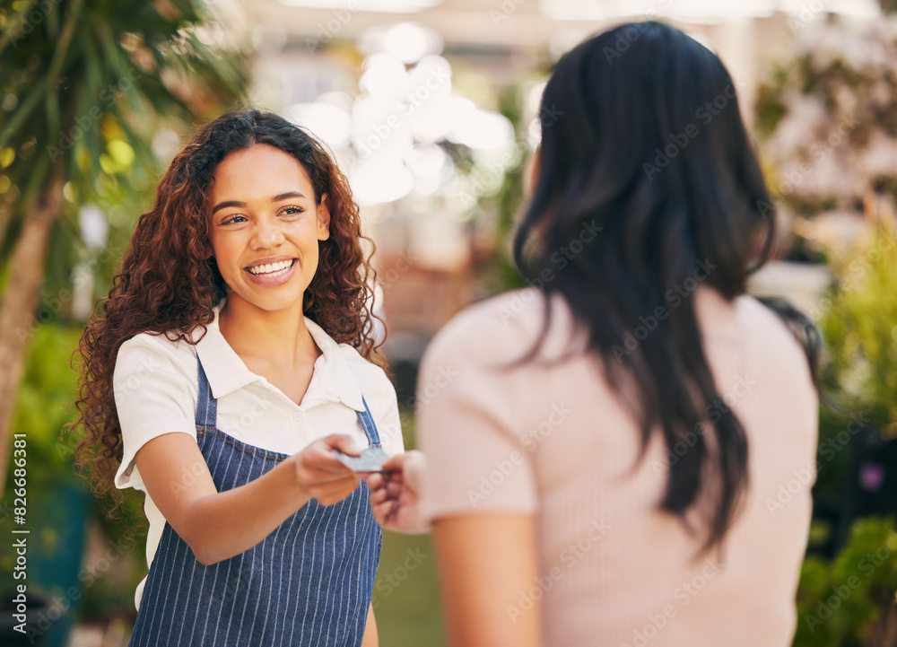 Canvas Prints Credit card, woman and happy for payment, discount and financial transaction with banking account. Debit, customer and purchase at pos in store with fintech for shopping, sale and bills as exchange