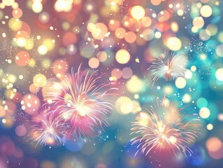 A festive wallpaper design with fireworks and bright lights, creating an energetic backdrop for new year promotions.