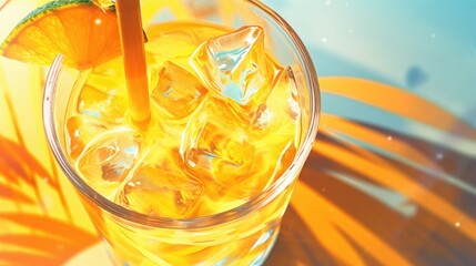 A glass of orange juice with ice cubes in it. The glass is sitting on a table and the sunlight is shining on it, creating a warm and inviting atmosphere
