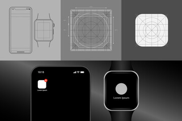 Wireframe of a phone and a smartwatch. Templates and design grid for app icons.