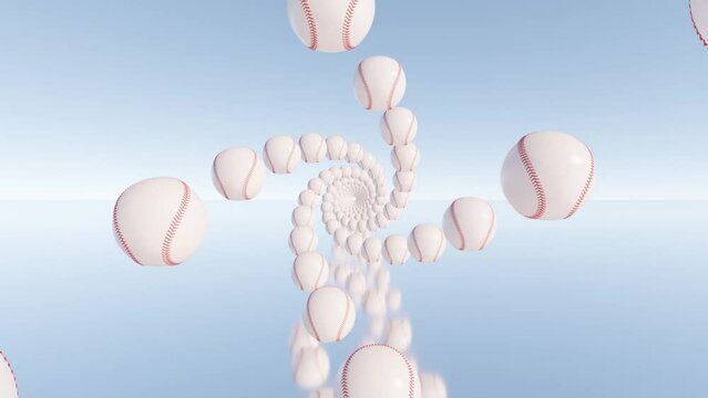 Abstract 3D Spirals of Baseballs Flying Towards the Viewer: Animation Background, Geometric Design, Dynamic Motion Graphic, Modern Render