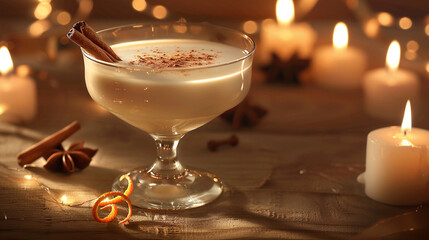 A glamorous coupe glass filled with smooth, velvety milk, garnished with a sprinkle of cinnamon and a twist of orange zest