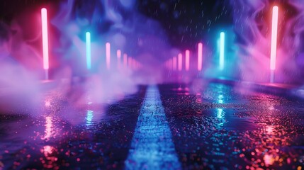 3d rendering of old wet asphalt street with neon lights and smoke on black background - moody urban scene with atmospheric lighting and foggy effect