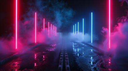 3d rendering of old wet asphalt street with neon lights and smoke on black background - moody urban scene with atmospheric lighting and foggy effect