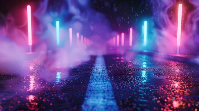 3d rendering of old wet asphalt street with neon lights and smoke on black background - moody urban scene with atmospheric lighting and foggy effect