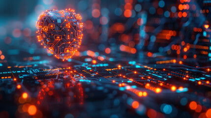 The image depicts a floating, glowing digital brain over an intricate circuit board representing concepts of artificial intelligence and advanced computing technologies.