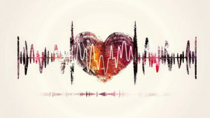 A heart-shaped audio frequency waveform with a spectrum of colors in the center, symbolizing a blend of love and sound, on an off-white background.
