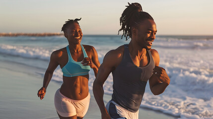 Black couple exercising on beach