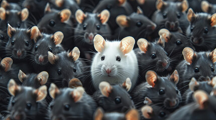 White mouse in crowd of black mice, concept standing out from the crowd