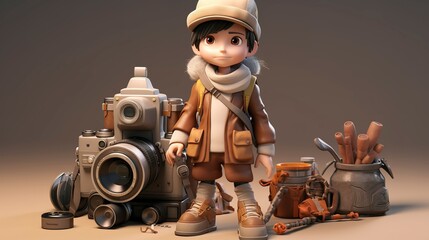 Naklejka premium A photo of a 3D character with a camera and travel photo