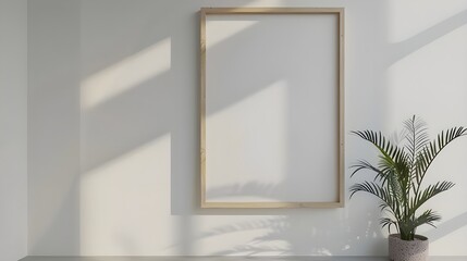 a wooden frame mockup on a white wall featuring a passe-partout. Mockup of a poster. Simple, minimalist, and clean frame. void fra.me inside, display a product or text