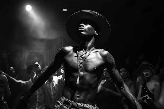 Shirtless  african american dancer wearing a hat performs voguing under dramatic lighting in a crowded club