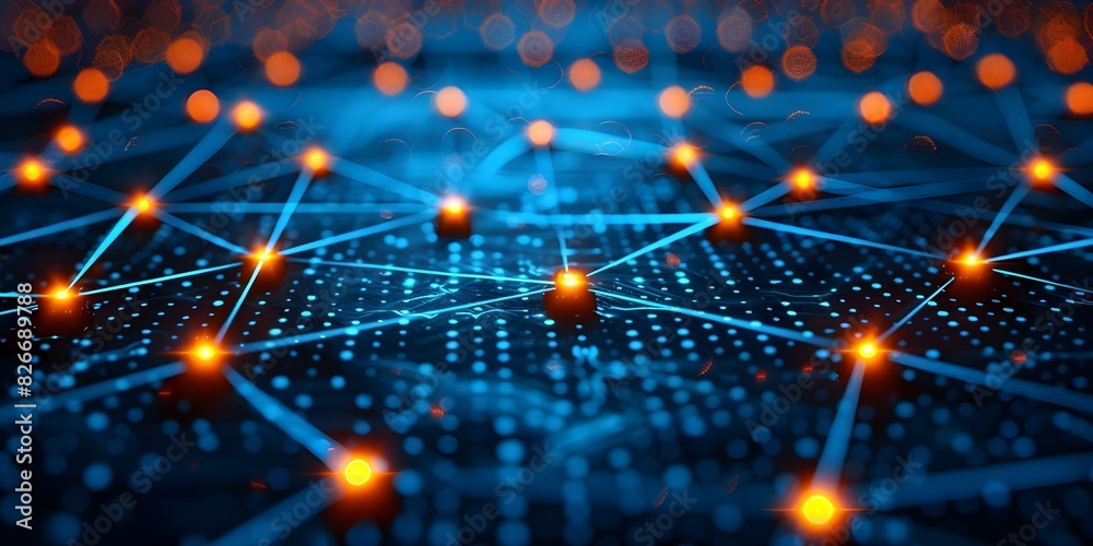Poster digital technology concept with illuminated network connection over blue background on computer. con