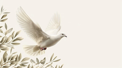 A white dove holding an olive branch, a symbol of peace