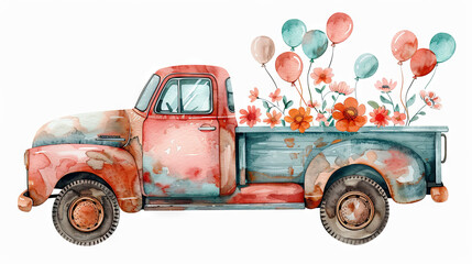Watercolor truck with flowers and balloos, celebrating concept