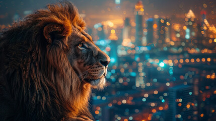 Wild lion is looking at  the city 