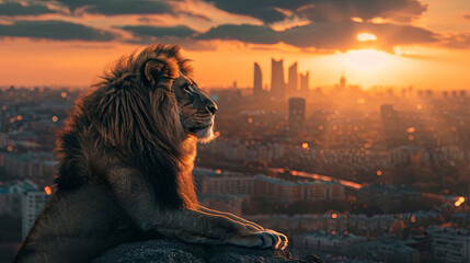 Wild lion is looking at  the city 
