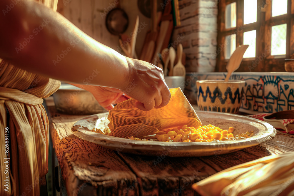 Wall mural Cose-up woman hands preparing traditional mexican tamales in a rustic kitchen