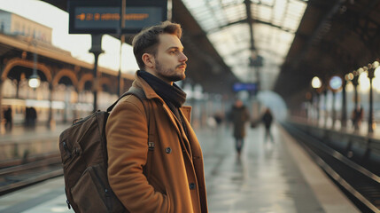 Man with backpack waiting at train station. Young man wearing a brown coat and backpack waits for his train at a bustling city station, capturing the essence of travel and adventure.